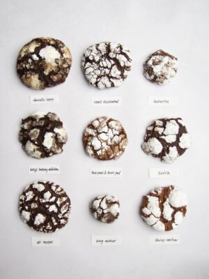 9 chocolate crinkle cookies on a gray background with 9 different labels.