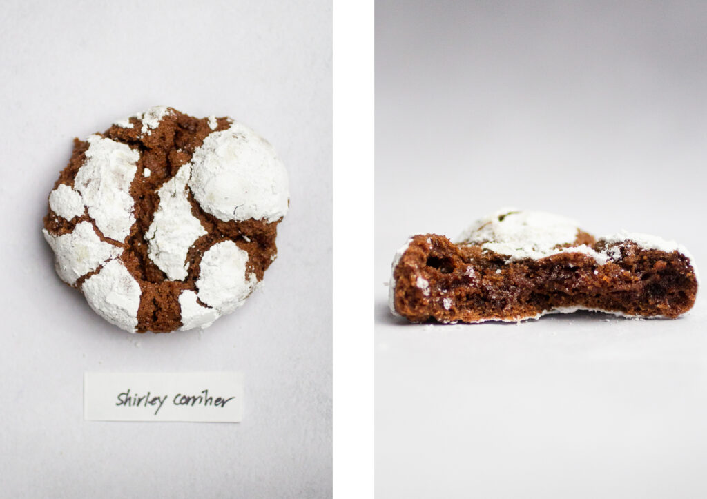 side by side of a chocolate crinkle cookie with a view of the interior and a label that says "shirley corriher"