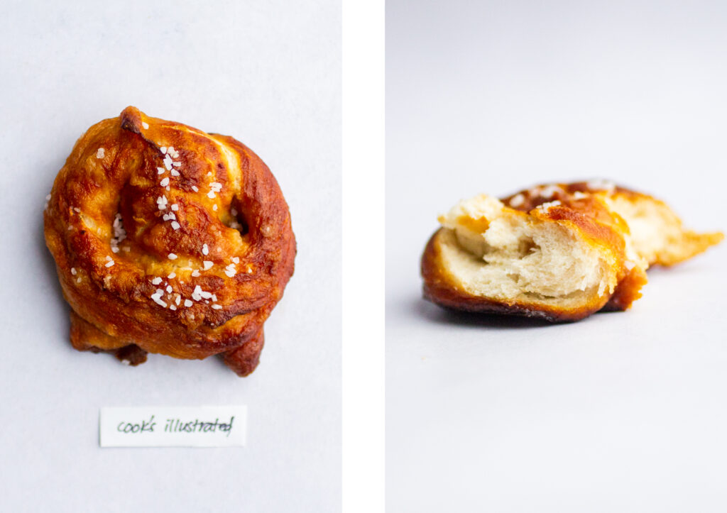 a soft pretzel labeled "cook's illustrated" next to a shot of the pretzel interior