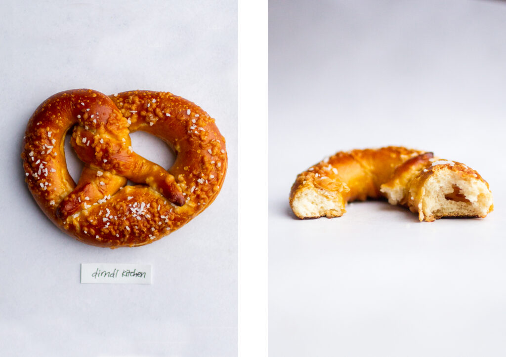 a soft pretzel labeled "dirndl kitchen" next to a shot of the pretzel interior
