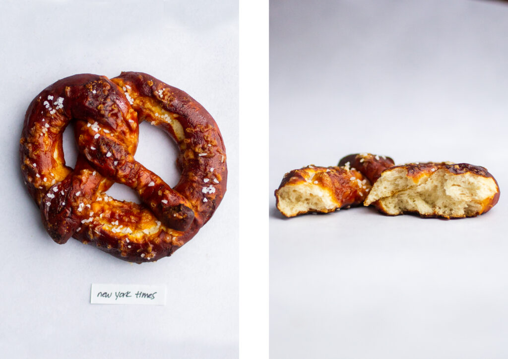 a soft pretzel labeled "new york times" next to a shot of the pretzel interior