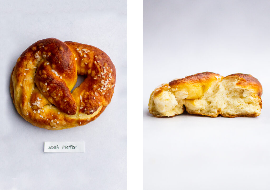 a soft pretzel labeled "sarah kieffer" next to a shot of the pretzel interior