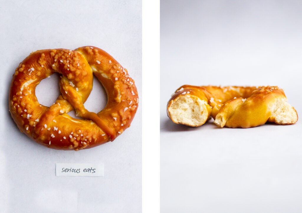 a soft pretzel labeled "serious eats" next to a shot of the pretzel interior