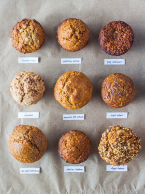 9 different bran muffins with labels