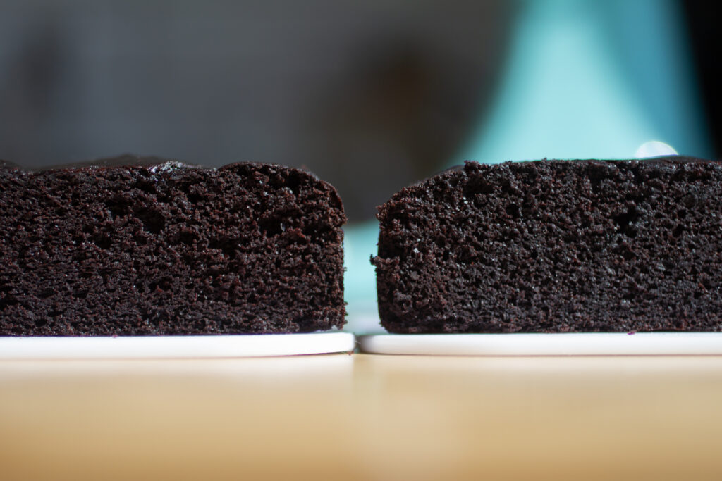 A cross-section of black bean cake made with oil vs. butter.