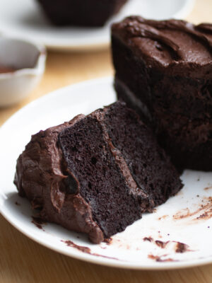 a slice of double chocolate black bean cake on a white plate.