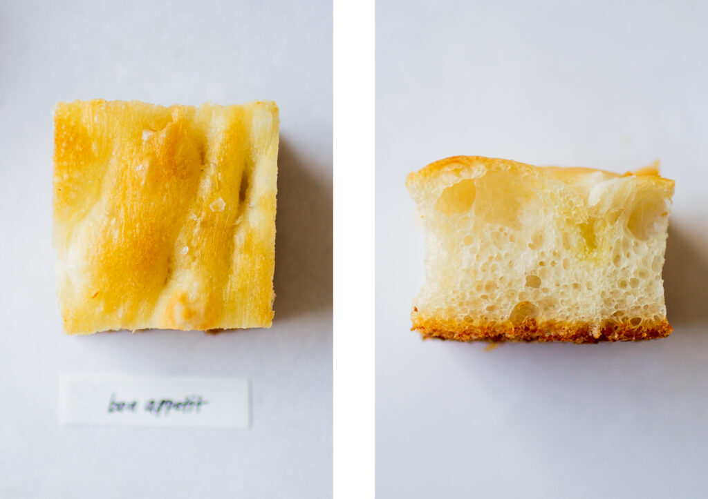 A side by side view of Bon Appetit's focaccia; top down vs. side view of the crumb.