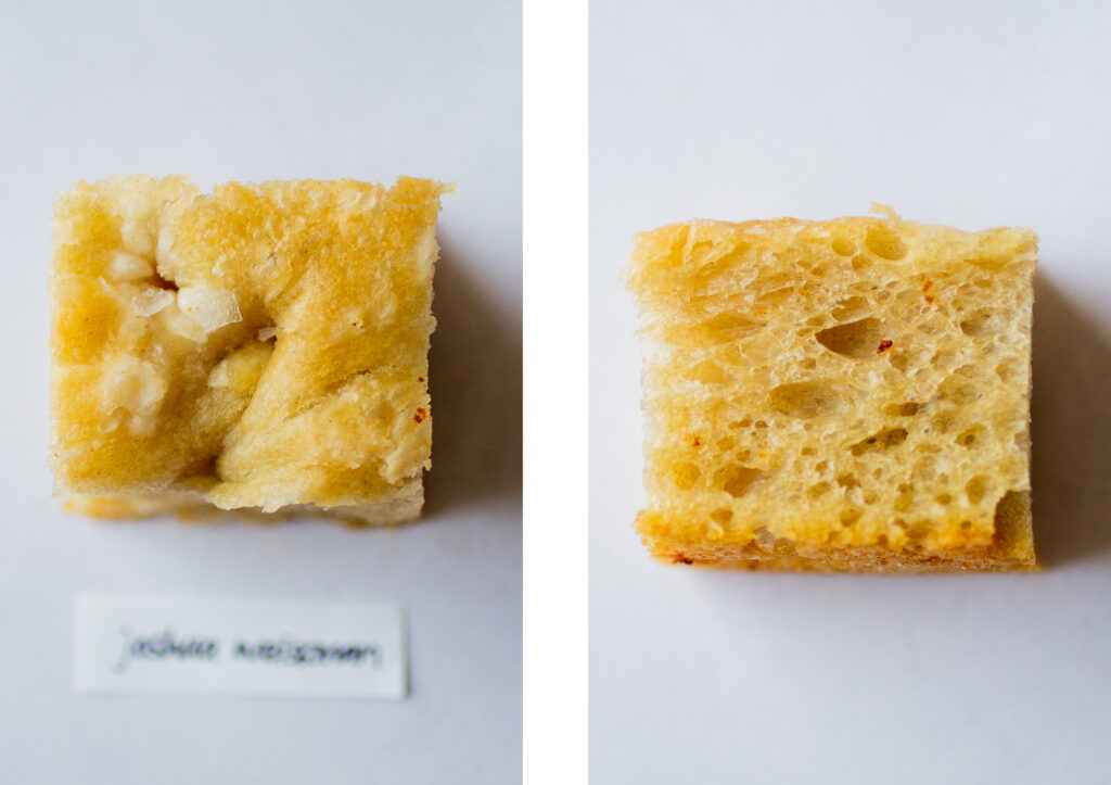 A side by side view of Joshua Weissman focaccia; top down vs. side view of the crumb.