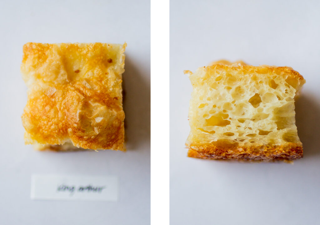 A side by side view of King Arthur's focaccia; top down vs. side view of the crumb.
