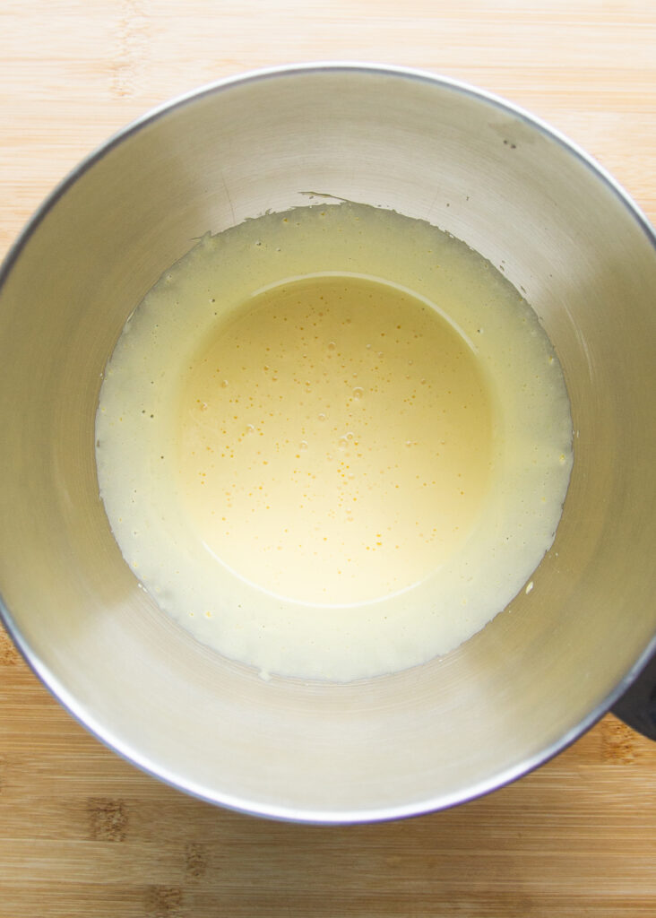 Whipped eggs in a bowl.