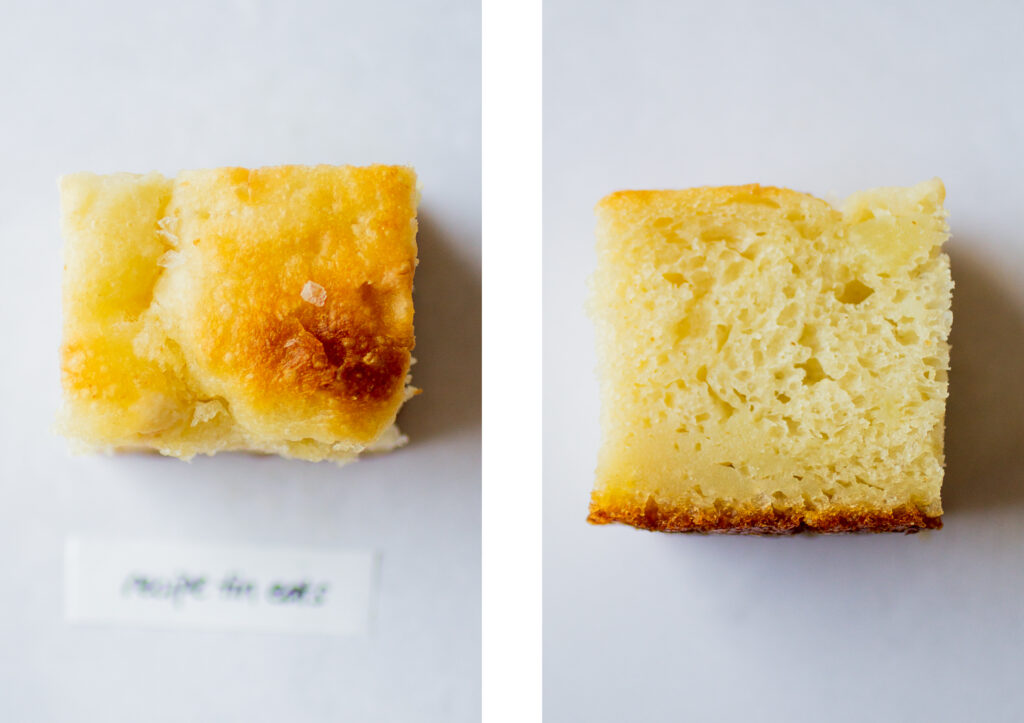 A side by side view of Recipe Tin Eat's focaccia; top down vs. side view of the crumb.