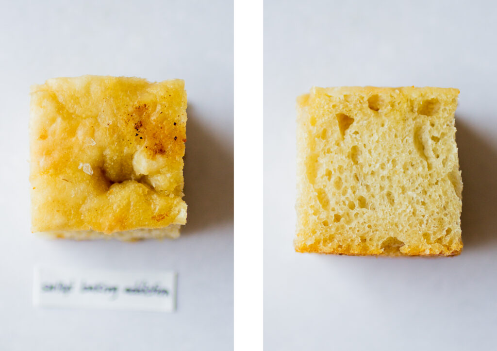 A side by side view of Sally's Baking Addiction's focaccia; top down vs. side view of the crumb.
