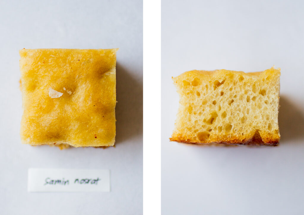 A side by side view of Samin Nosrat's focaccia; top down vs. side view of the crumb.