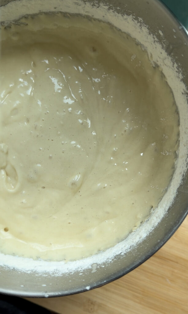 Finished batter in a mixing bowl.