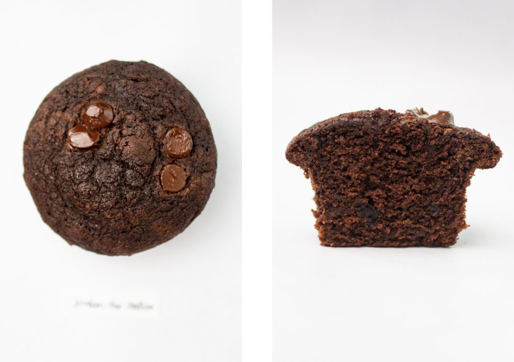 Top and side view of Jordan the Stallion\'s chocolate muffin.