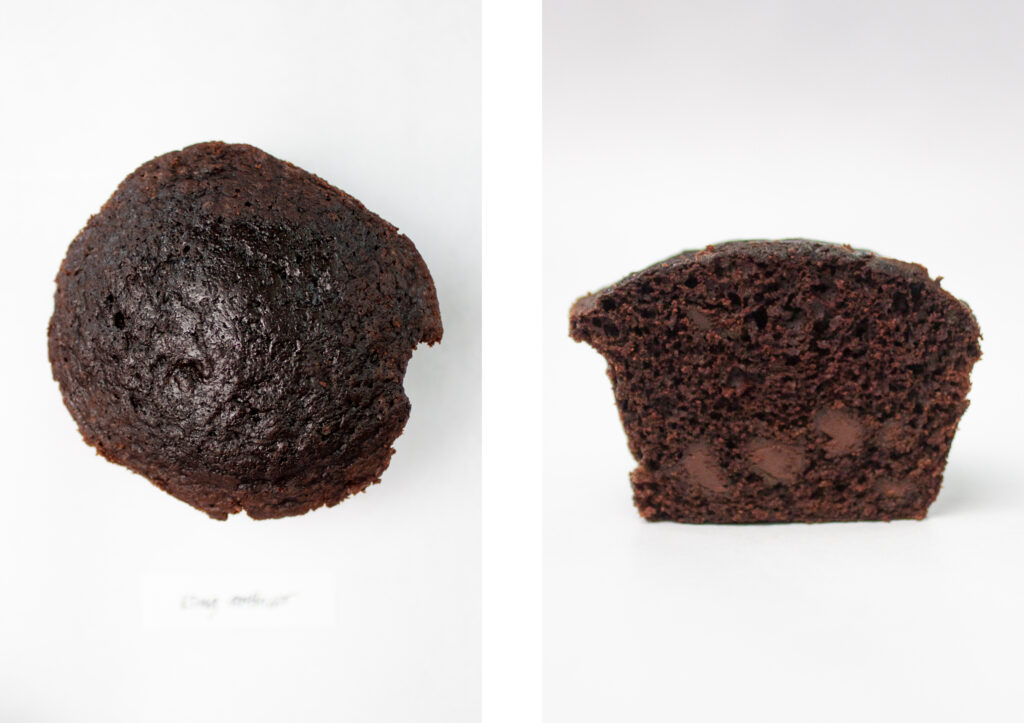 Top and side view of King Arthur\'s chocolate muffin.
