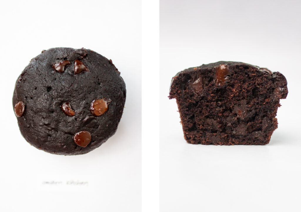 Top and side view of Smitten Kitchen\'s chocolate muffin.