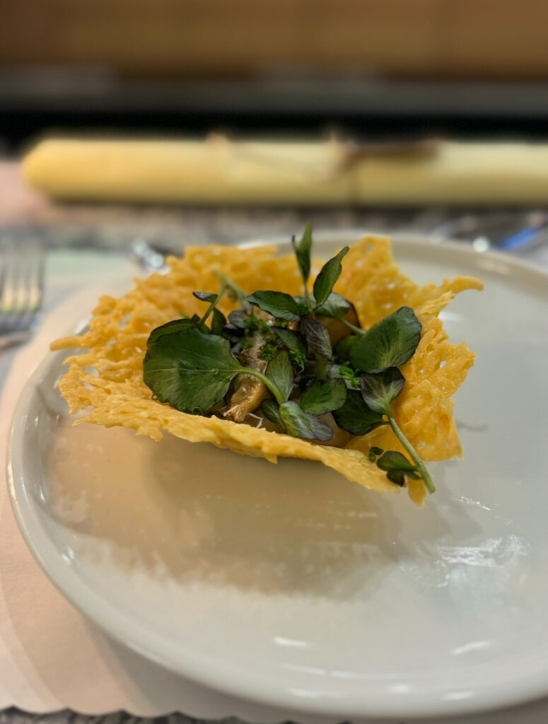 Pecorino cheese crisp with mushroom cream.