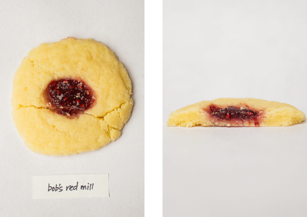 Bob\'s Red Mill\'s thumbprint cookie (top down next to a side view).