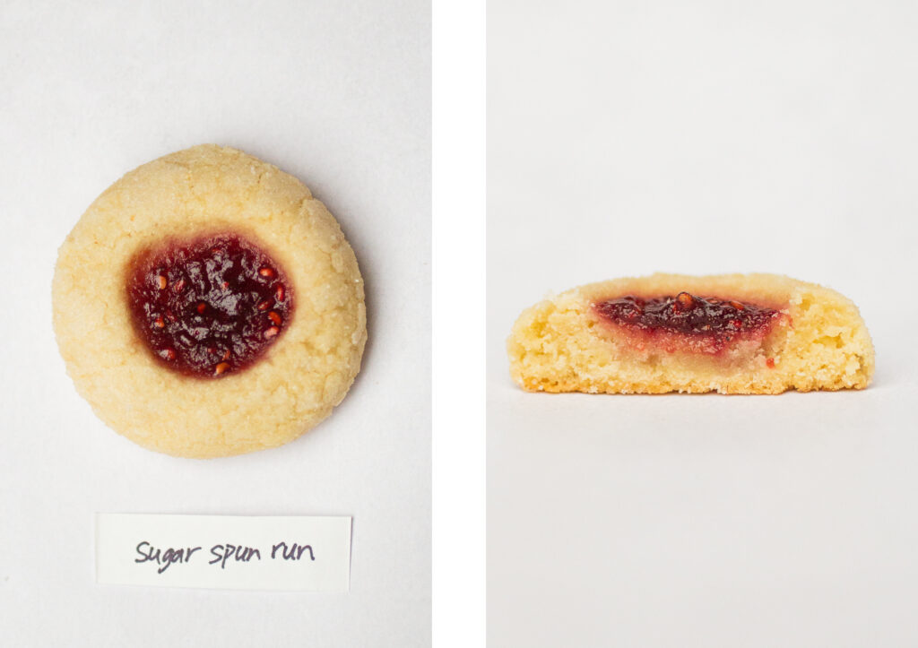 Sugar Spun Run\'s thumbprint cookie (top down next to a side view).