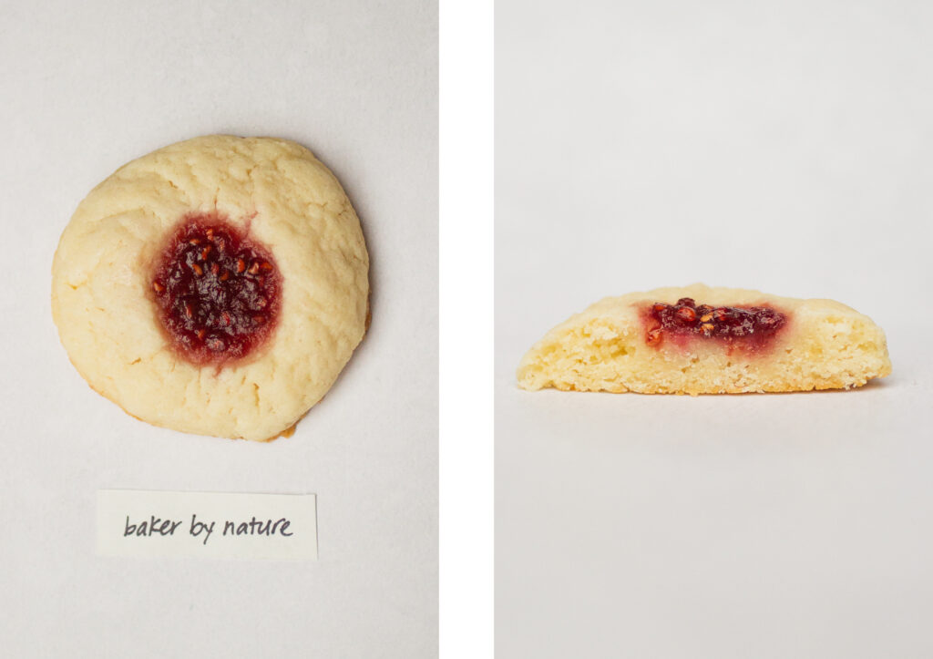 Baker by Nature\'s thumbprint cookie (top down next to a side view).