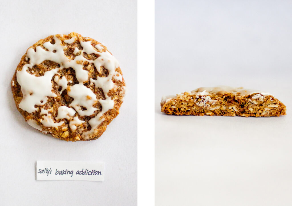 Sally\'s Baking Addiction\'s iced oatmeal cookie on a gray background.