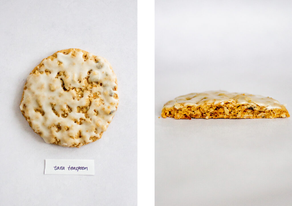 Tara Teaspoon\'s iced oatmeal cookie on a gray background.