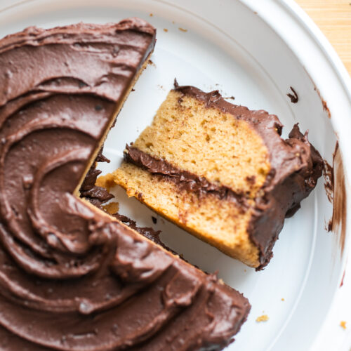 A slice of peanut butter cake on its side.