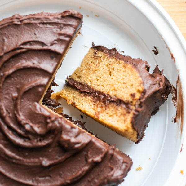 A slice of peanut butter cake on its side.
