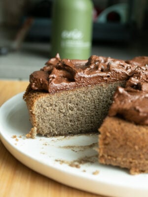 A chocolate-frosted cake on a plate with a slice removed to show the tender crumb.