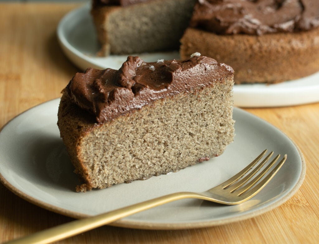 A slice of chocolate-frosted cake on a plate with a fork.
